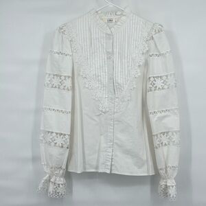 Lara white cotton embellished lace ruffle puff sleeve button up blouse
